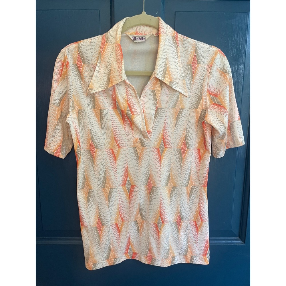 Vintage Knit Top 70s Elles Belles Dagger Collar Orange Print Short Sleeve